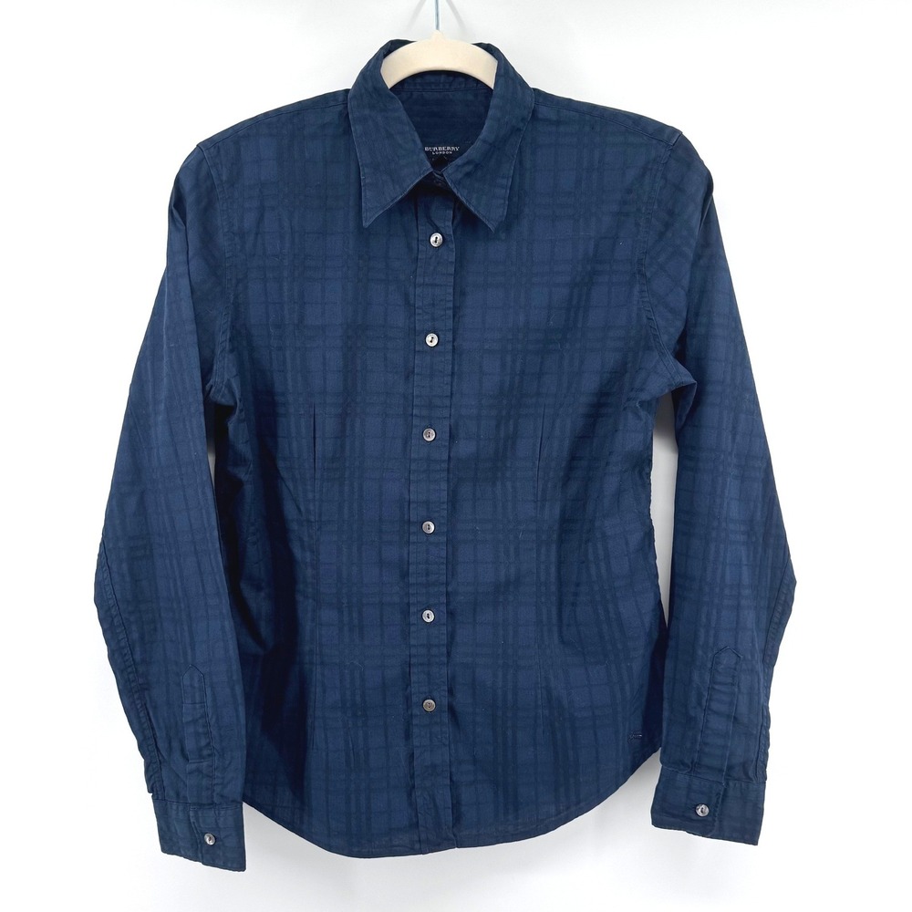 Burberry London Button Down Shirt Women S Navy Blue Plaid Designer Luxury Preppy